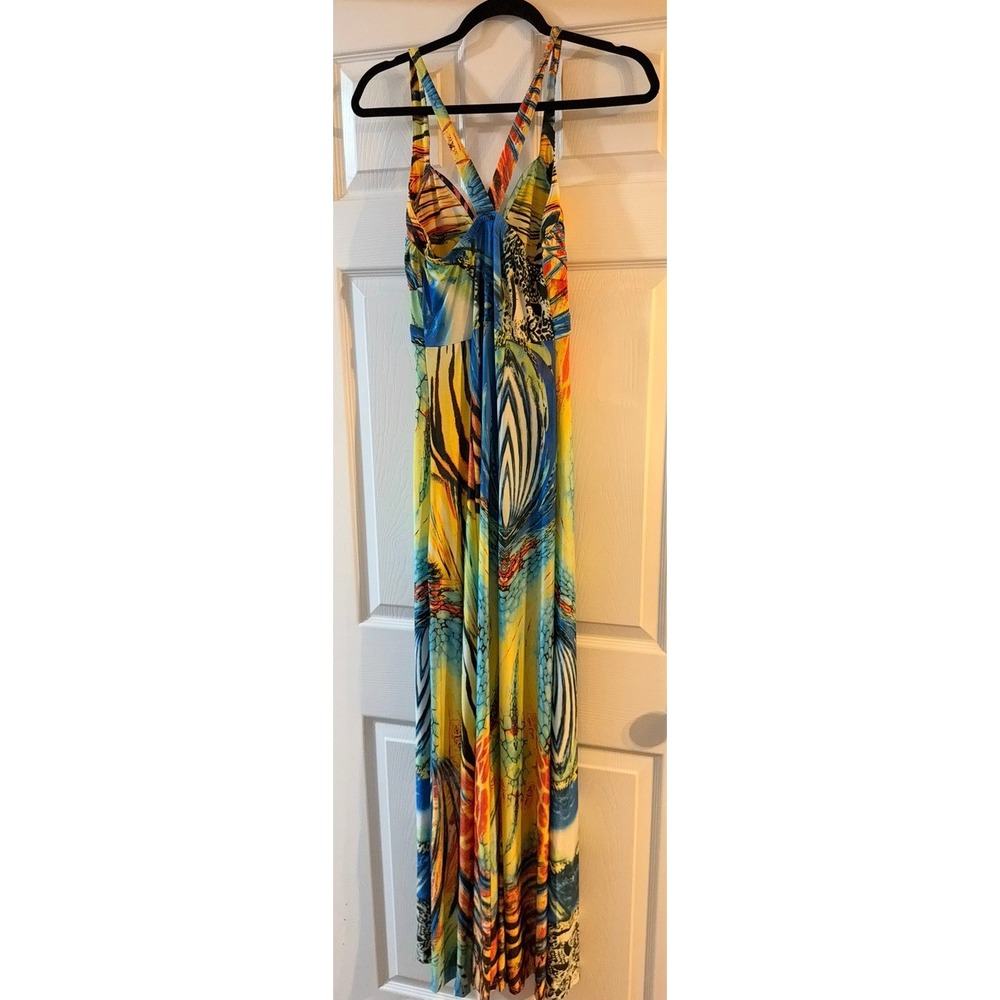 Miss Morena  Multi Color Tropical Animal Print V-Neck Maxi Dress Sleeveless 0197